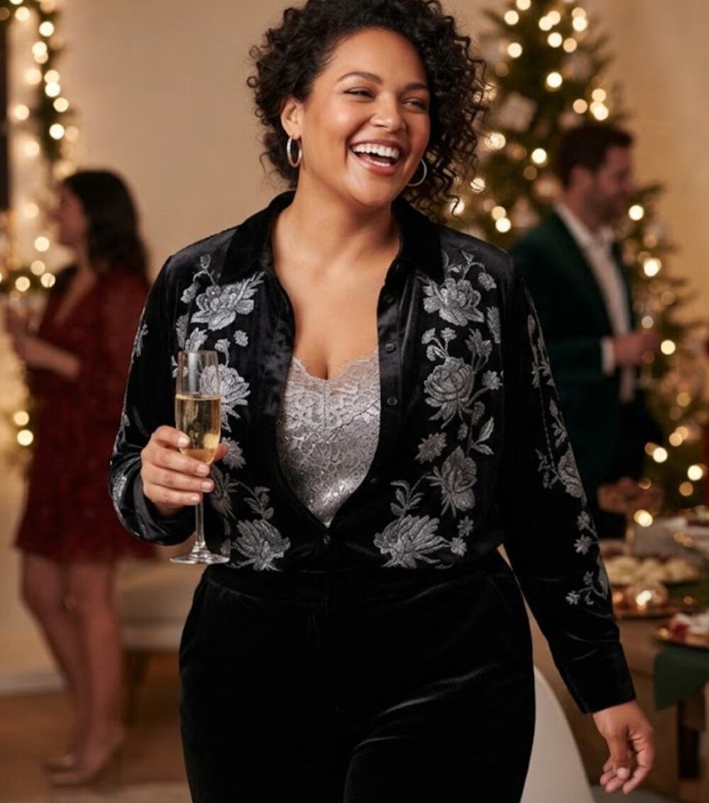 NWT J.Jill Floral Embroidered Black Velvet Button Down Top Plus Size 1X Gothic